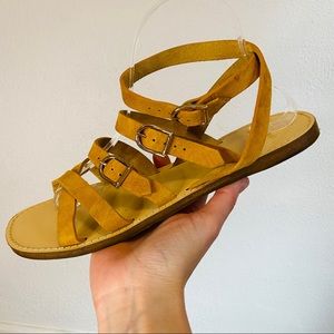 J. Crew Ochre Yellow Gold Suede Leather Strappy Gladiator Sandals Flats J8202